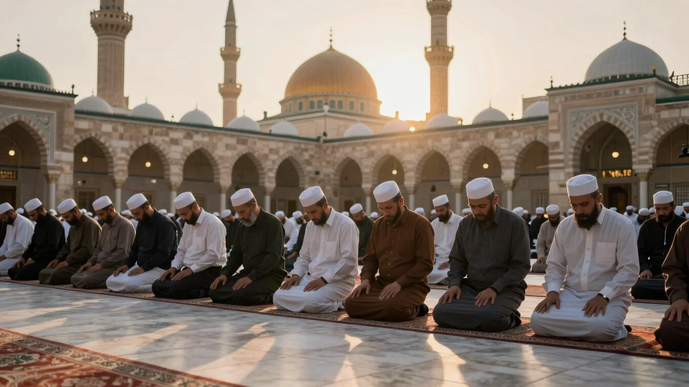 A group of pilgrims praying inside the Prophet's Mosque in Medina, warm natural light, peaceful and reverent atmosphere,