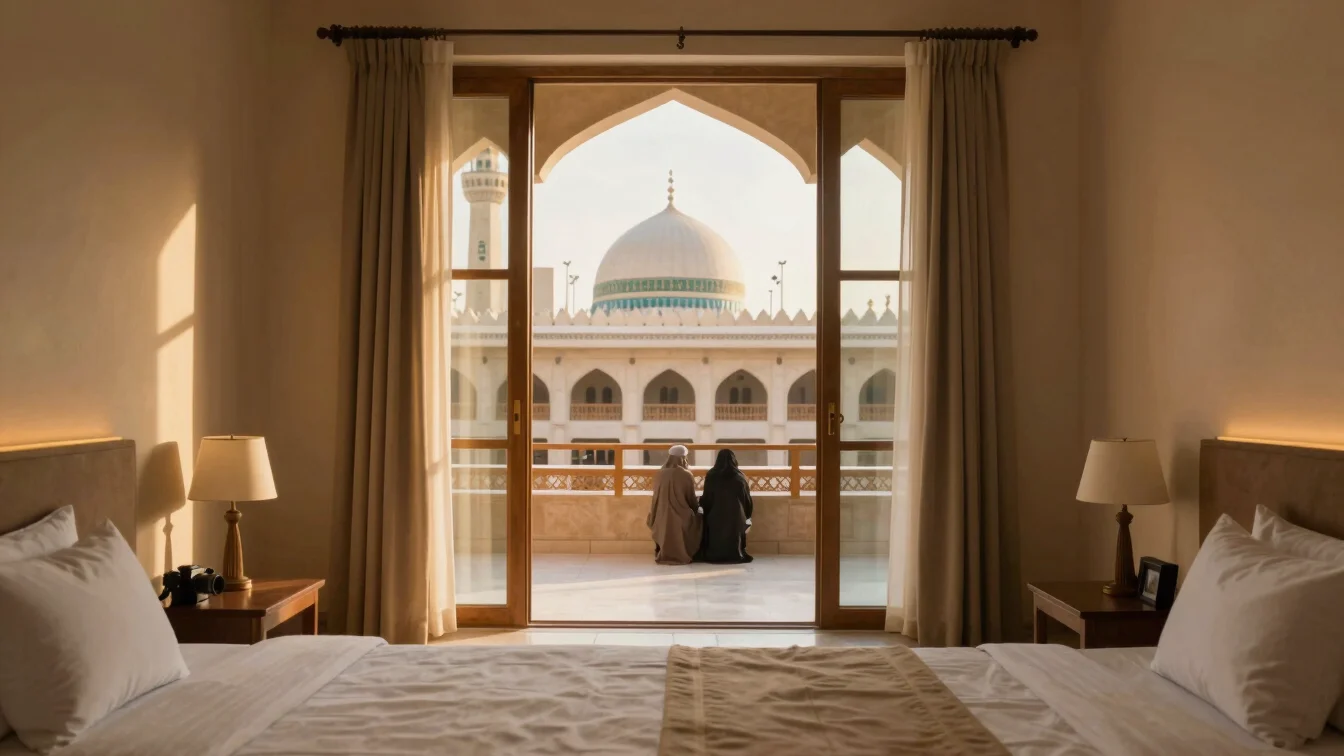 Interior of a serene, clean hotel room in Mecca, soft natural lig