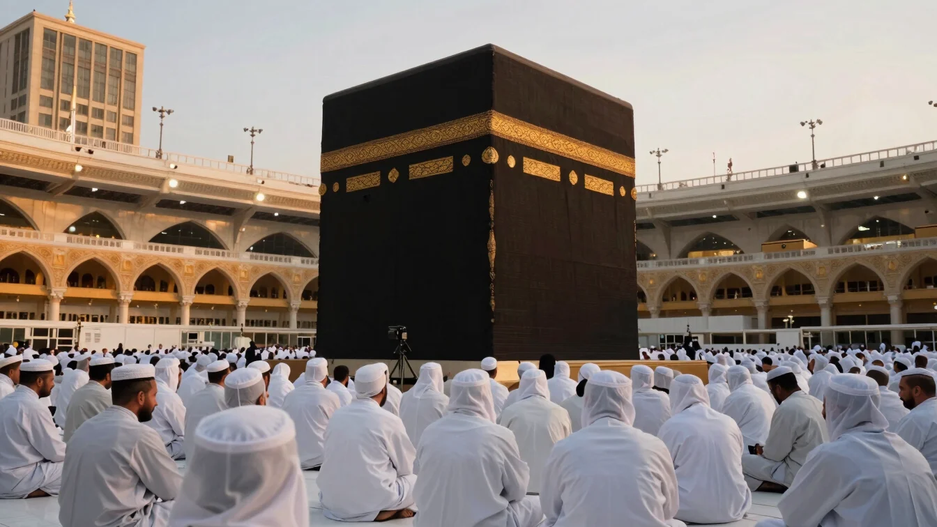 Pilgrims circumambulating the Kaaba in Mecca, soft golden hour light, serene and dignified atmosphere, focus on the spir